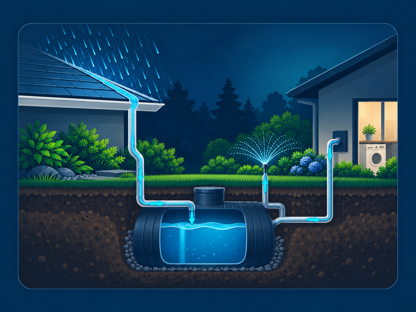 Cutaway illustration of an underground rainwater harvesting system with buried cistern, irrigation supply and household water connection.